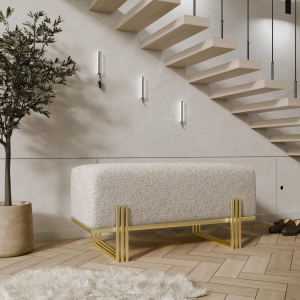 Ławka tapicerowana do przedpokoju, stelaż złoty, tkanina boucle odcień beż. Showroom