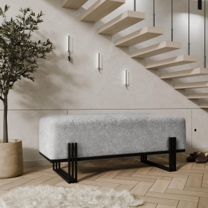 Ławka tapicerowana do przedpokoju, stelaż czarny, tkanina boucle odcień szary, szerokość 100cm. Showroom