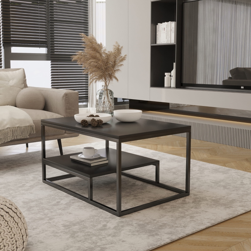 Stolik kawowy prostokątny, dodatkowa półka na dole, stelaż czarny, blat czarny. Showroom