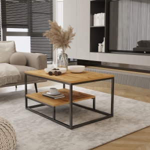 Stolik kawowy prostokątny, dodatkowa półka na dole, stelaż czarny, blat dąb Wotan. Showroom