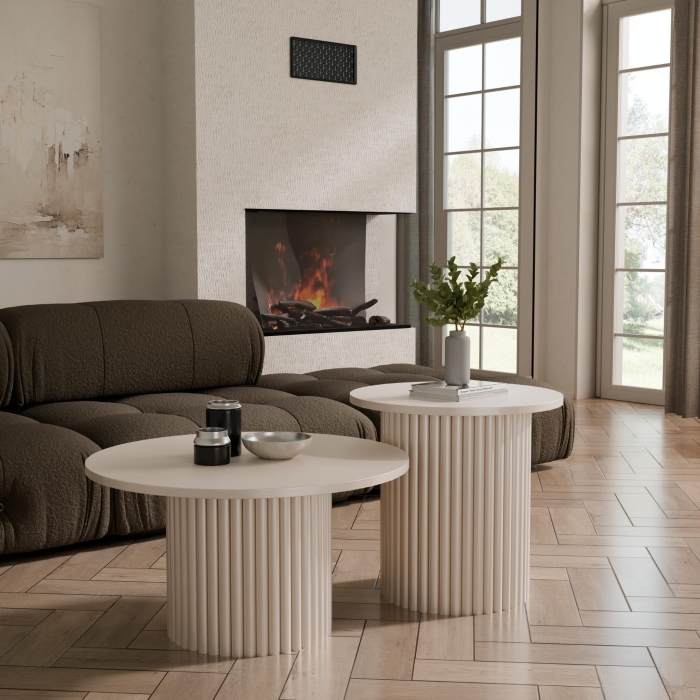 Stolik kawowy okrągły podwójny, podstawa Kaszmir okrągła ryflowana, blat Kaszmir. Showroom