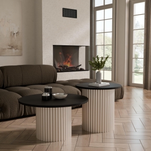Stolik kawowy okrągły podwójny, podstawa Kaszmir okrągła ryflowana, blat czarny. Showroom