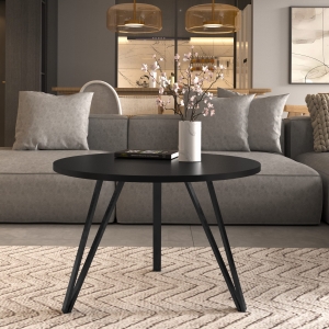 Stolik kawowy, stelaż potrójny czarny, blat czarny okrągły. Showroom