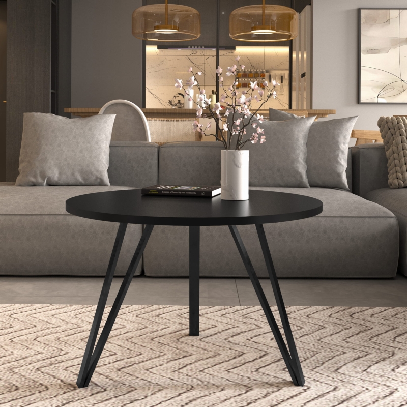 Stolik kawowy, stelaż potrójny czarny, blat czarny okrągły. Showroom