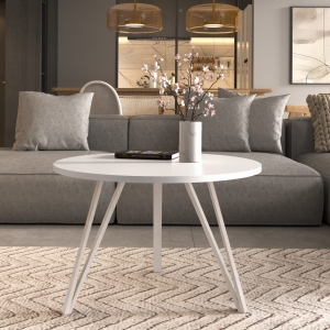 Stolik kawowy na potrójnych kaszmirowych nogach, blat biały. Showroom