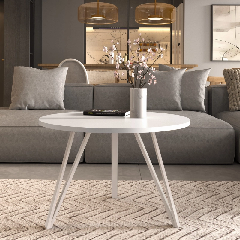 Stolik kawowy na potrójnych kaszmirowych nogach, blat biały. Showroom