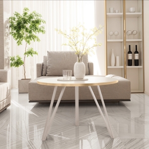 Stolik kawowy na potrójnych kaszmirowych nogach, blat biały okrągły ze złotym obrzeżem. Showroom