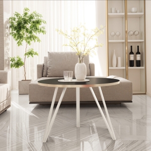 Stolik kawowy na potrójnych białych nogach, blat czarny okrągły ze złotym obrzeżem. Showroom