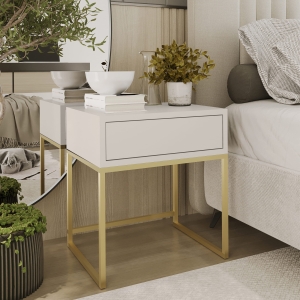 Stolik nocny, stelaż złoty, góra z szuflada Kaszmir. Showroom