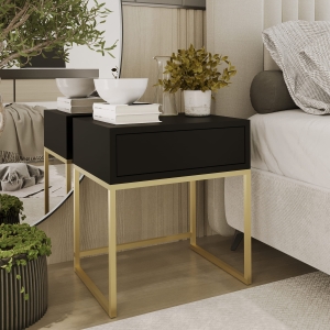 Stolik nocny, stelaż zloty, góra z szuflada czarna. Showroom