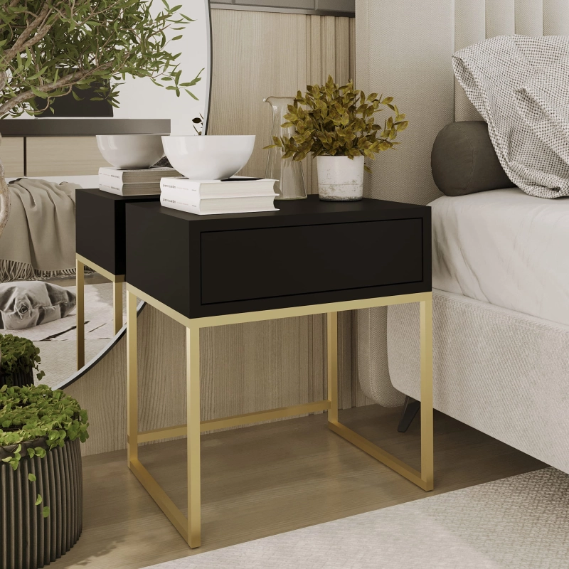 Stolik nocny, stelaż zloty, góra z szuflada czarna. Showroom