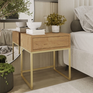 Stolik nocny, stelaż zloty, góra z szuflada dąb Wotan. Showroom