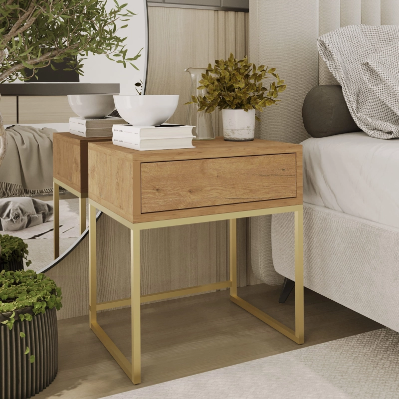 Stolik nocny, stelaż zloty, góra z szuflada dąb Wotan. Showroom