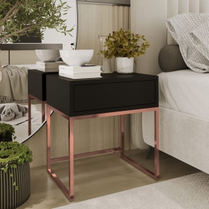 Stolik nocny, stelaż miedź, góra z szuflada czarna. Showroom
