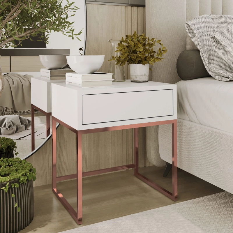 Stolik nocny, stelaż miedź, góra z szuflada biała. Showroom