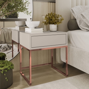 Stolik nocny, stelaż miedź, góra z szuflada Kaszmir. Showroom