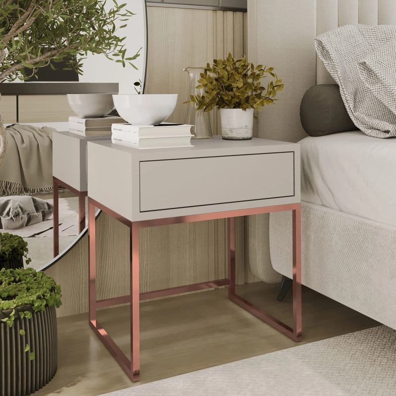 Stolik nocny, stelaż miedź, góra z szuflada Kaszmir. Showroom
