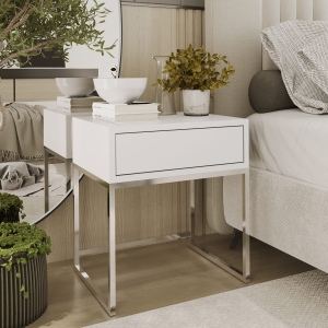 Stolik nocny, stelaż chrom, góra z szuflada biała. Showroom