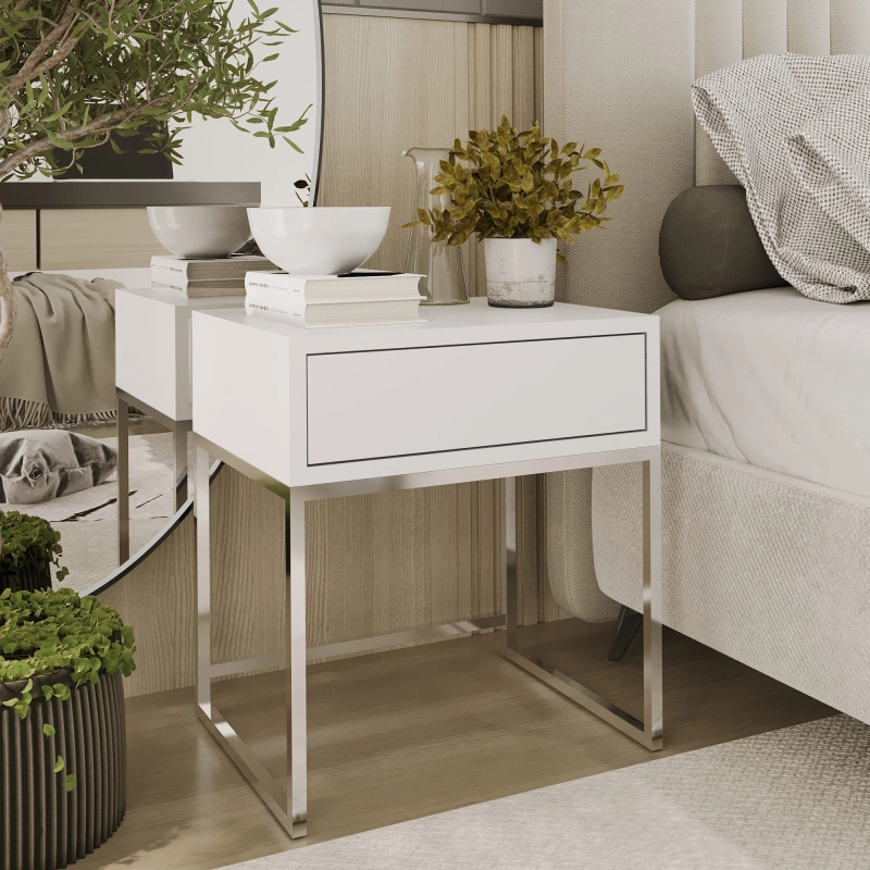 Stolik nocny, stelaż chrom, góra z szuflada biała. Showroom