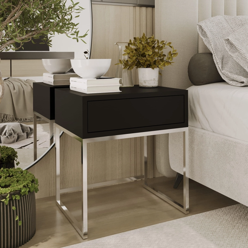 Stolik nocny, stelaż chrom, góra z szuflada czarna. Showroom