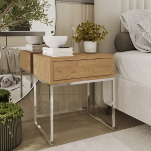 Stolik nocny, stelaż chrom, góra z szuflada dąb Wotan. Showroom