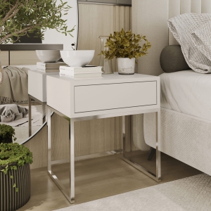 Stolik nocny, stelaż chrom, góra z szuflada Kaszmir. Showroom
