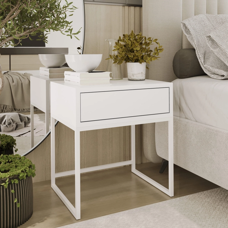 Stolik nocny, stelaż bialy, góra z szuflada biała. Showroom