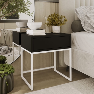Stolik nocny, stelaż biały, góra z szuflada czarna. Showroom