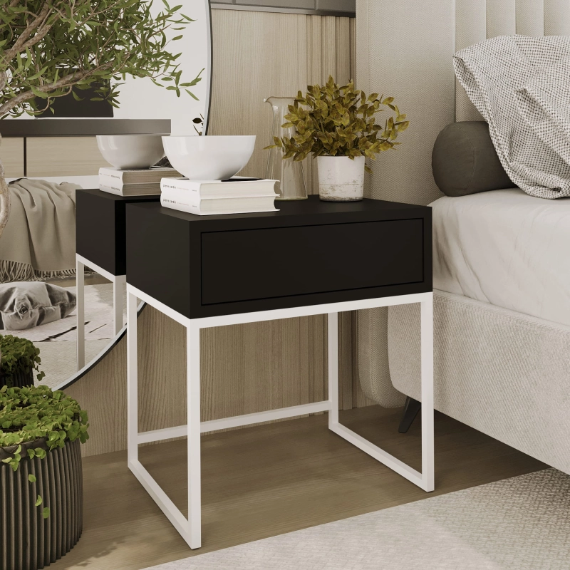 Stolik nocny, stelaż biały, góra z szuflada czarna. Showroom