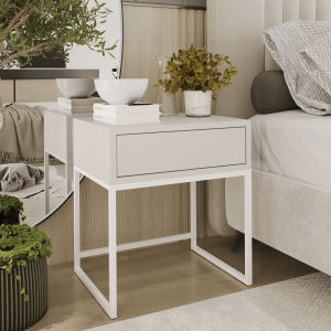 Stolik nocny, stelaż biały, góra z szuflada Kaszmir. Showroom