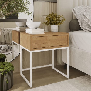 Stolik nocny, stelaż biały, góra z szuflada dąb Wotan. Showroom