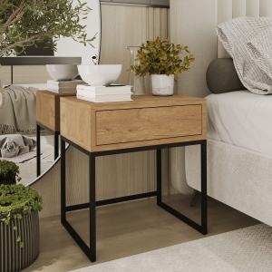 Stolik nocny, stelaż czarny, góra z szuflada dąb Wotan. Showroom