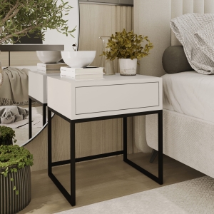 Stolik nocny, stelaż czarny, góra z szuflada Kaszmir. Showroom