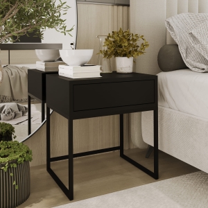 Stolik nocny, stelaż czarny, góra z szuflada czarna. Showroom