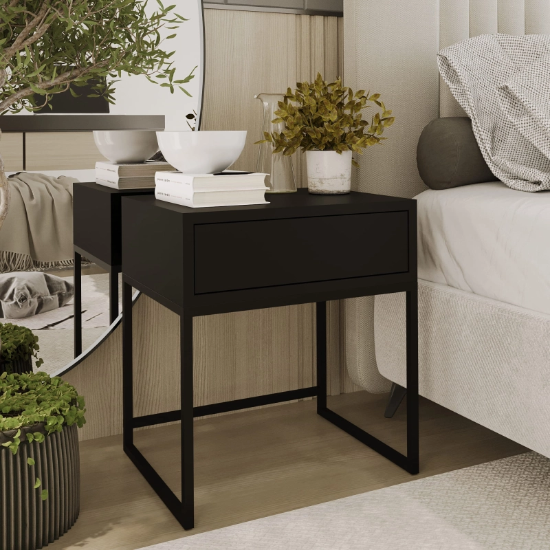 Stolik nocny, stelaż czarny, góra z szuflada czarna. Showroom