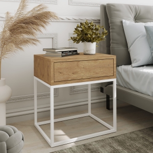 Stolik nocny, stelaż kwadrat biały, góra z szufladą dąb Wotan. Showroom