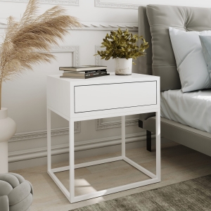 Stolik nocny, stelaż kwadrat biały, góra z szuflada biała. Showroom