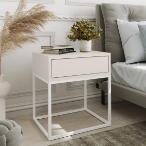 Stolik nocny, stelaż kwadrat biały, góra z szuflada Kaszmir. Showroom