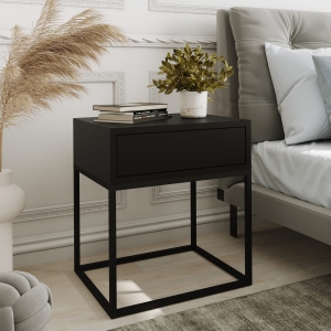 Stolik nocny, stelaż kwadrat czarny, góra z szufladą czarna. Showroom
