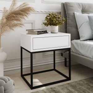 Stolik nocny, stelaż kwadrat czarny, góra z szuflada biała. Showroom