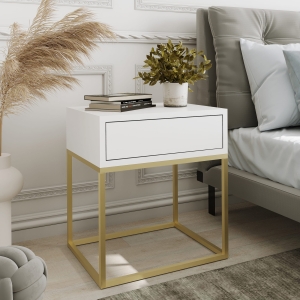 Stolik nocny, stelaż kwadrat zloty, góra z szufladą biała. Showroom