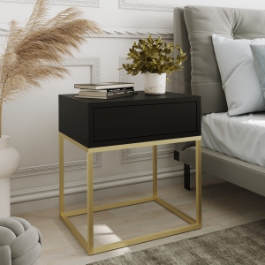 Stolik nocny, stelaż kwadrat zloty, góra z szuflada czarna. Showroom