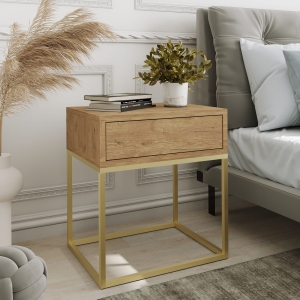 Stolik nocny, stelaż kwadrat złoty, góra z szufladą dąb Wotan. Showroom