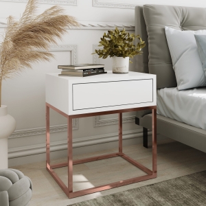 Stolik nocny, stelaż kwadrat miedź, góra z szuflada biała. Showroom